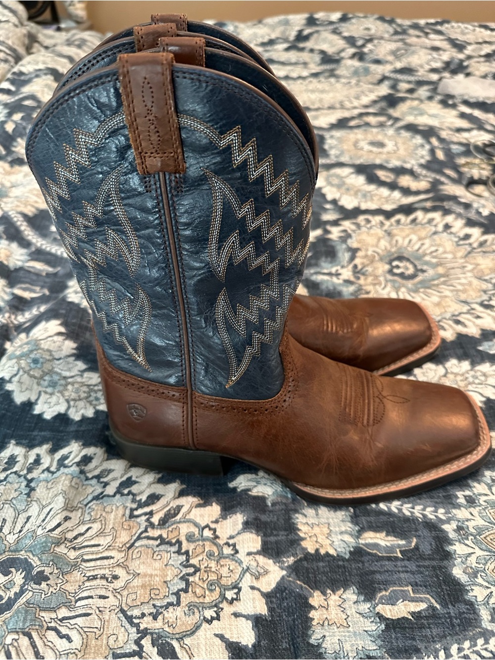 Ariat Brown Foot with Navy Embroidered Shaft Kids Western Boots